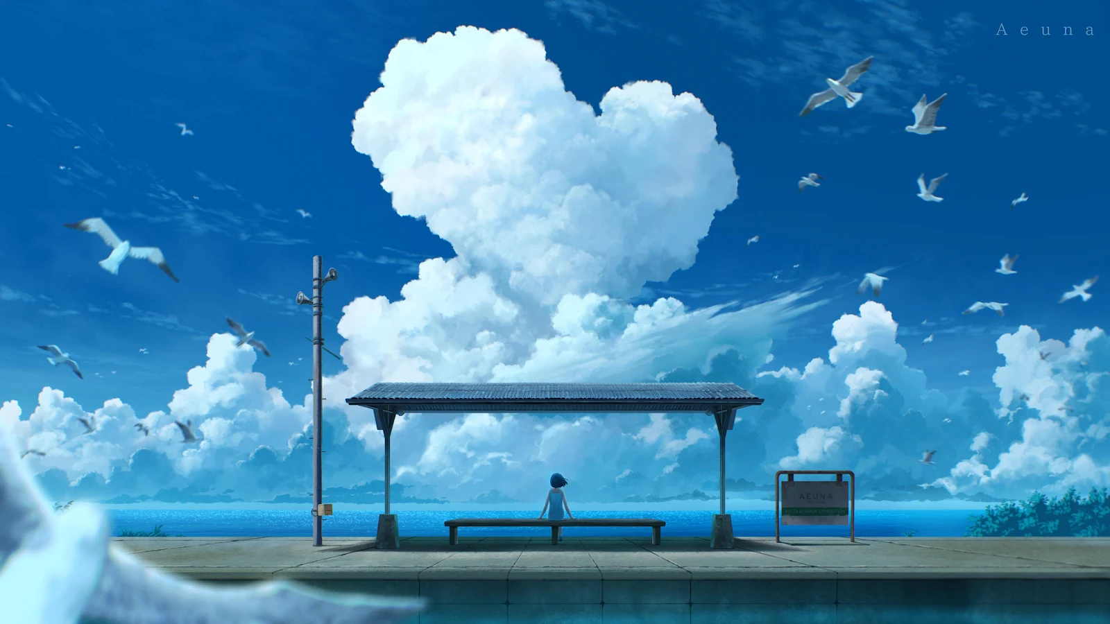 Girl At Seaside Station - Anime Illustration 4K Wallpaper (3840x2160)