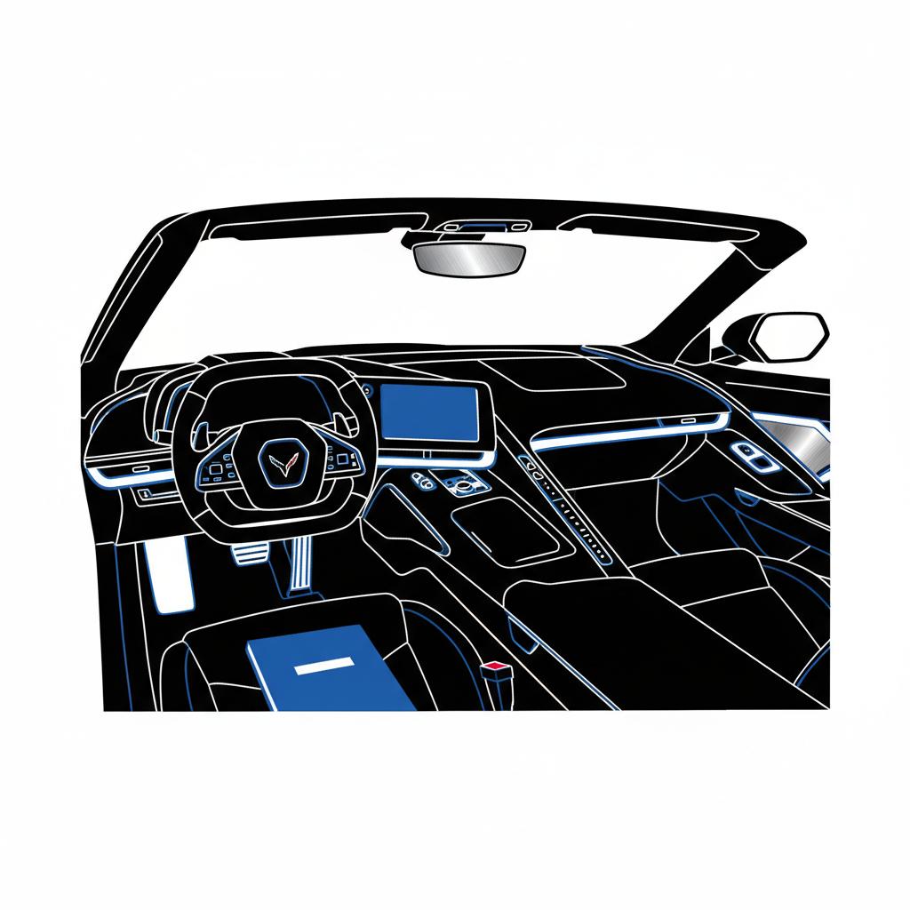 Minimalist 2D vector of an early C8 Corvette cabin showing dashboard center console and a blue documentation folder on passenger seat corvettes for sale near me