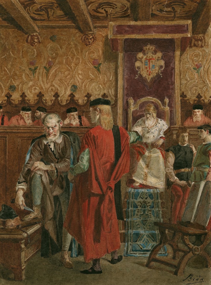 Merchant of Venice IV 1 courtroom scene Portia as Balthazar Shylock whetting kni