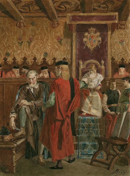 Merchant of Venice IV 1 courtroom scene Portia as Balthazar Shylock whetting kni