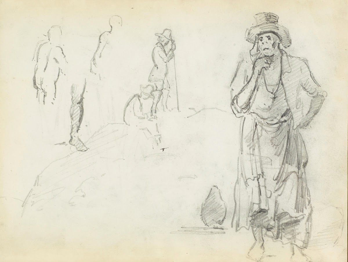 Man with his hand to his chin with sketches of men in profile and a leg 1854