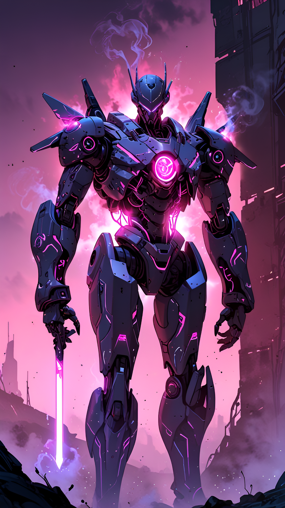 Cyberpunk Mech Warrior with Neon Pink Glow - Free 4K mobile Wallpaper