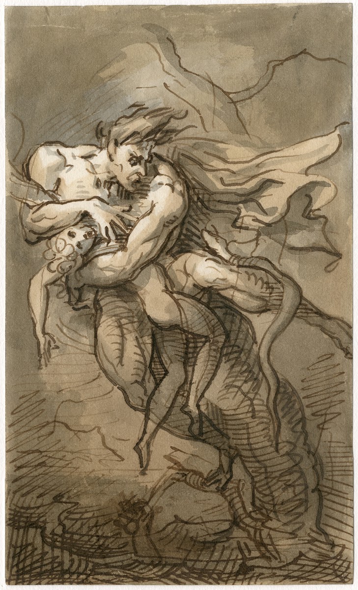 Nude man and boy holding on to a tree while being attacked by a snake
