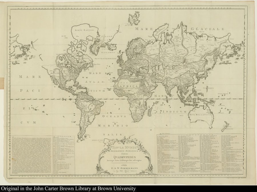 1777_Tabula Mundi Geographico Zoologica sistens Quadrupedes hueusque notos sedibusque suis adscriptos