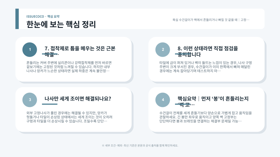 수건걸이 브래킷과 고정나사, 벽 앙카와 타일 상태를 순서대로 점검하는 모습