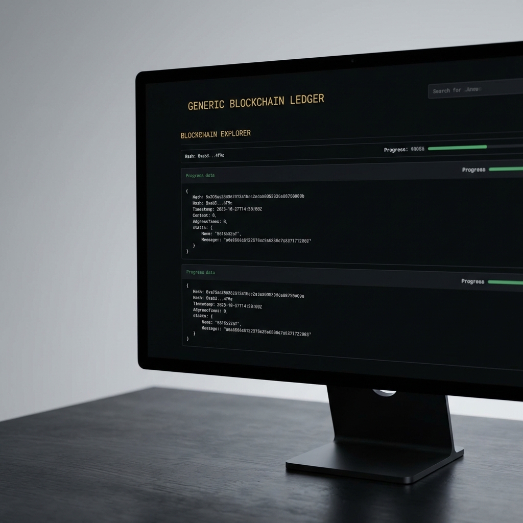 Close up photorealistic monitor showing a generic blockchain ledger and code fragments in a dark UI with green and gold accents Trump cryptocurrency