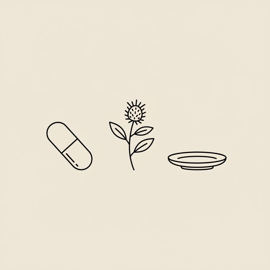 Minimal Tonum-style thin-line vector of a capsule, milk thistle sprig, and small plate on beige background illustrating how long to detox liver