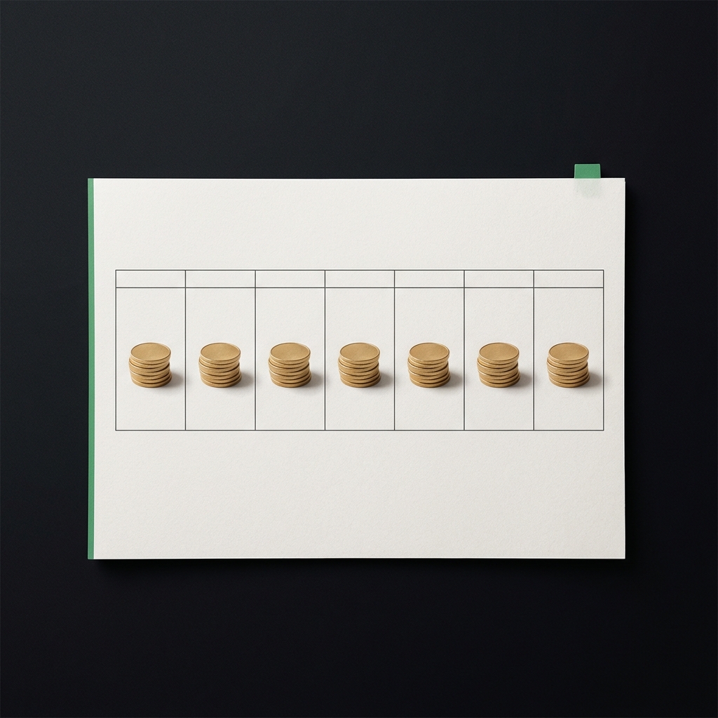 Minimalist flat lay of a weekly calendar with small coin stacks on each week representing investing $100 per week on a dark brand background