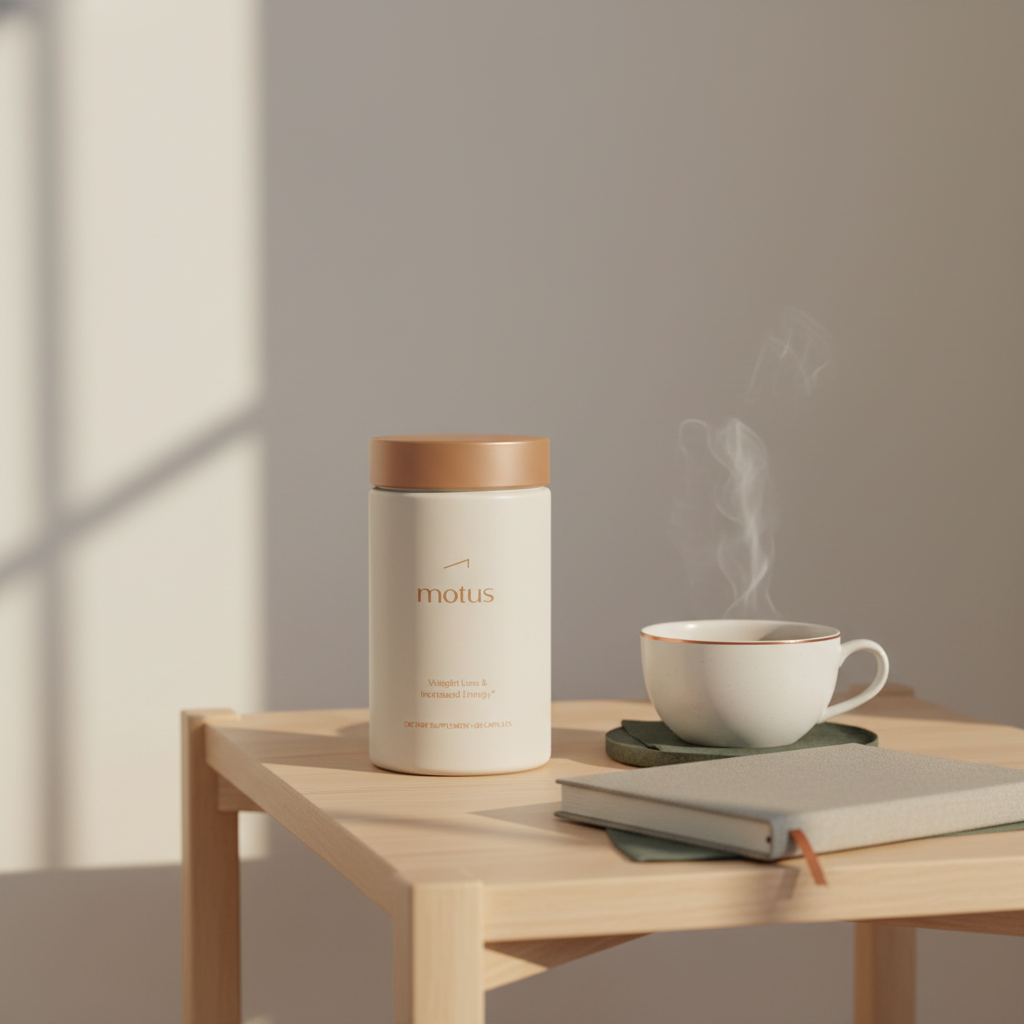 Motus supplement jar beside a closed journal and cup of herbal tea on a minimalist bedside table, conveying a calm, actionable weight loss routine — estroven weight management