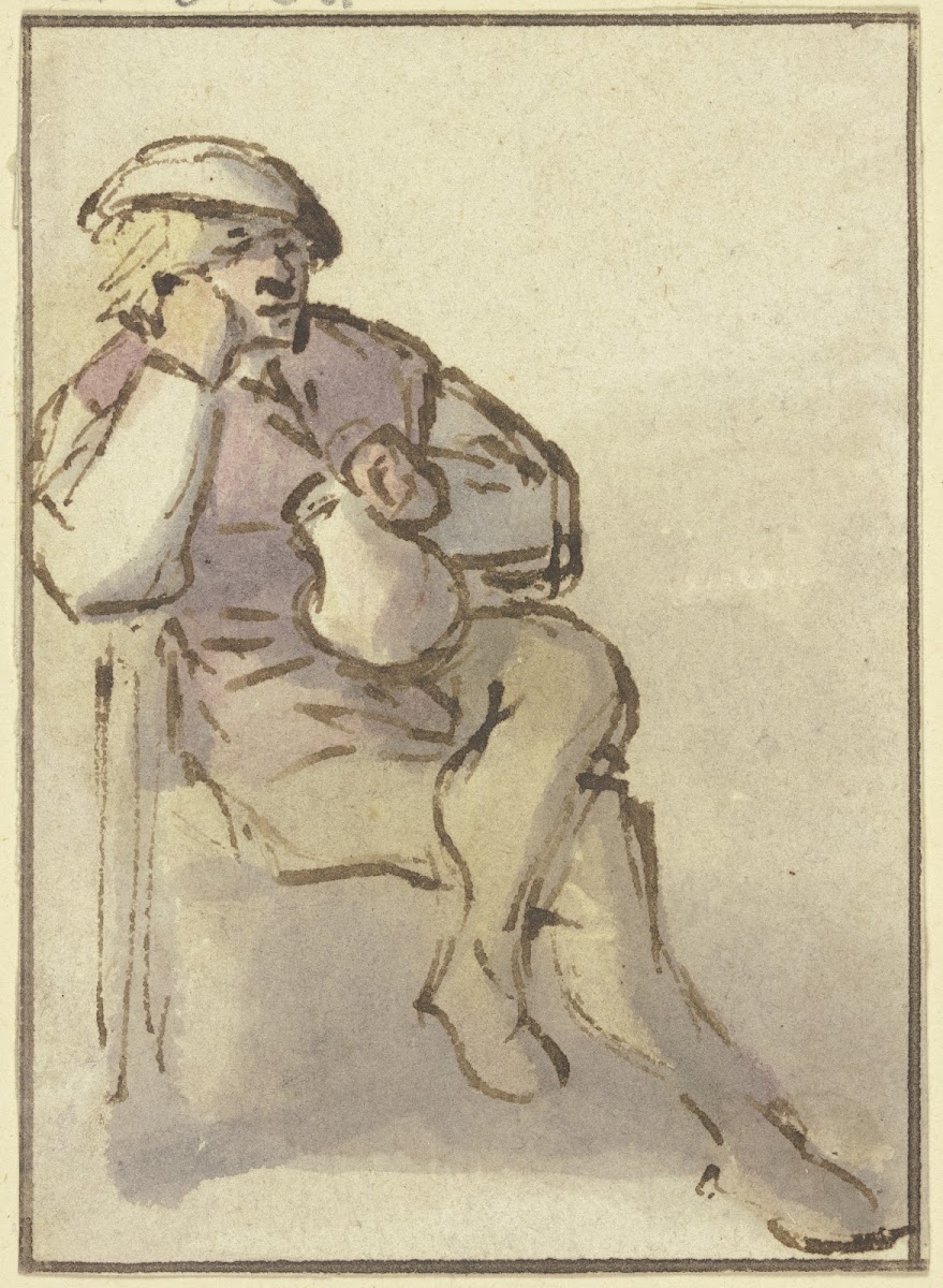 Sitzender Bauer schräg nach rechts mit Krug in der rechten Hand ca 1643