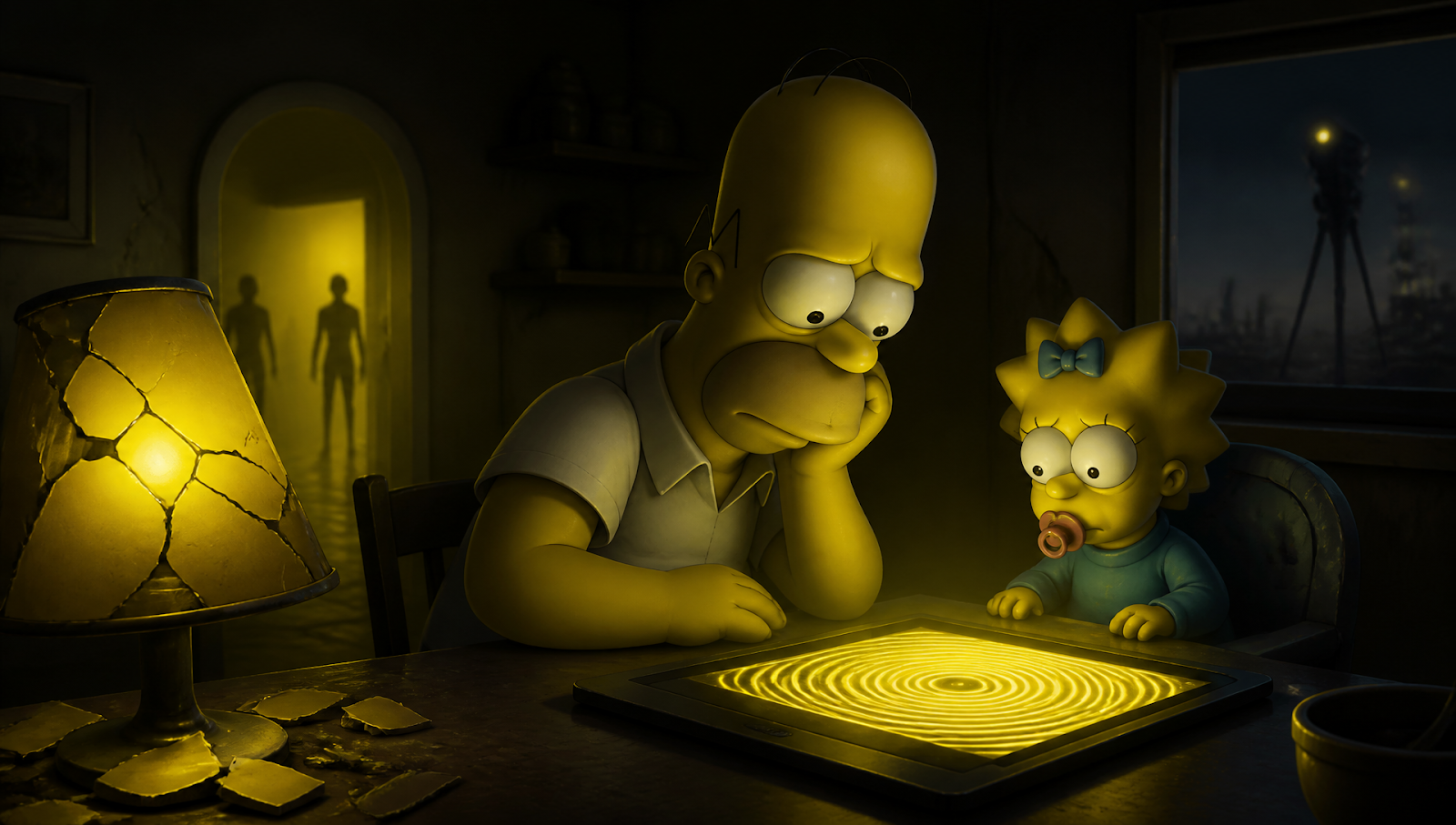 Yellow Mirror review image showing The Simpsons in a dark sci-fi setup
