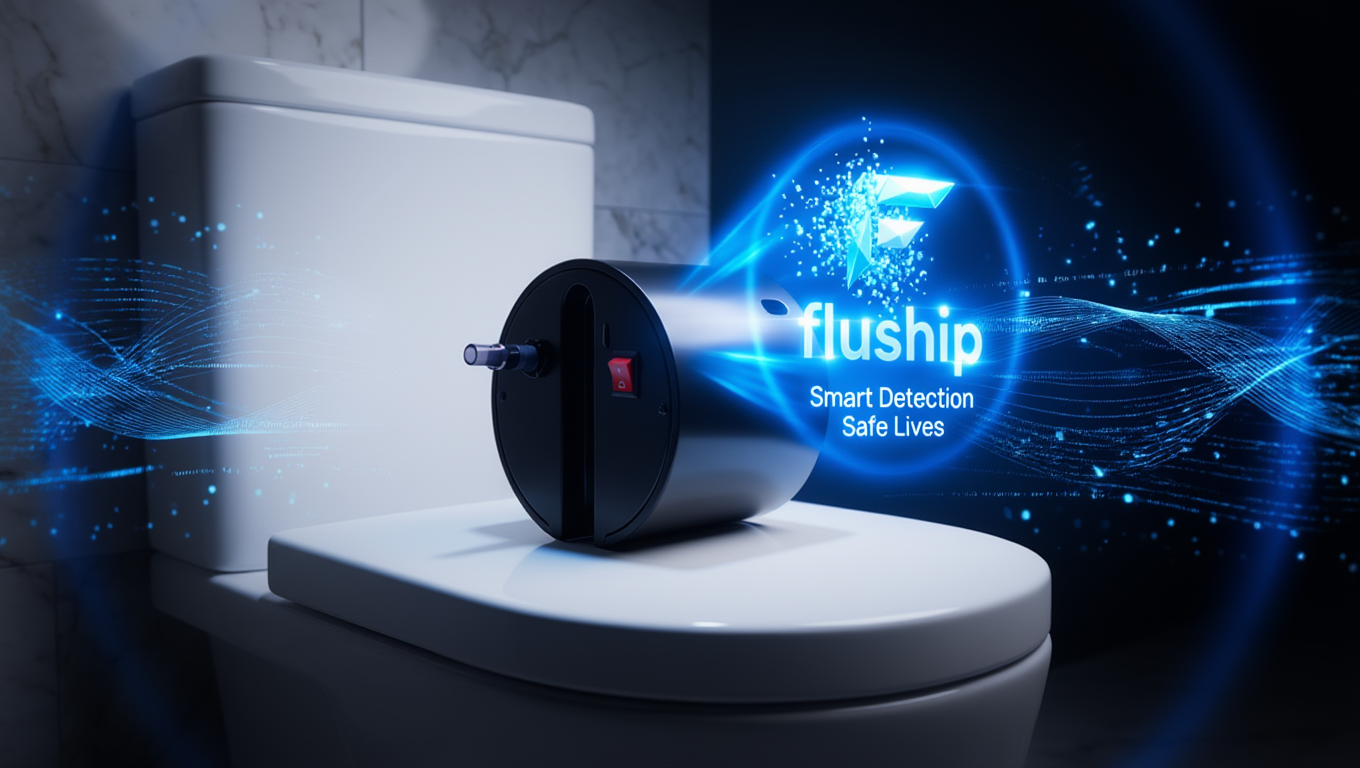 Old toilet flush handle covered in bacteria — Fluship touchless sensor flush eliminates contact