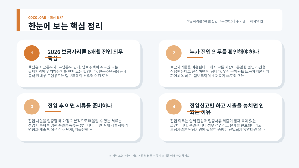 수도권·규제지역 보금자리론 전입 완료와 입증서류 준비 과정을 보여주는 주거 절차 이미지