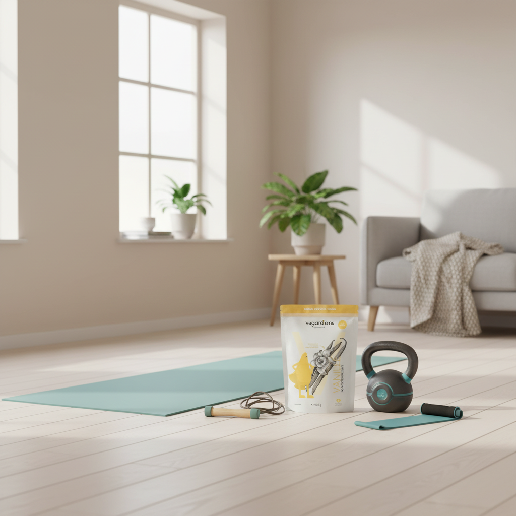 Minimalistische Heimtrainingsszene mit Yogamatte, Kettlebell, Springseil und Widerstandsband in hellem Wohnzimmer, motivierend für Abnehmen zu Hause