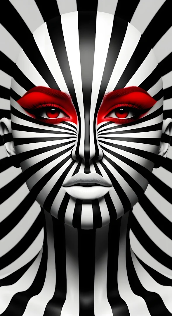Hypnotic Zebra Stripe Woman Portrait with Intense Red Eyes