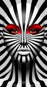 Hypnotic Zebra Stripe Woman Portrait with Intense Red Eyes