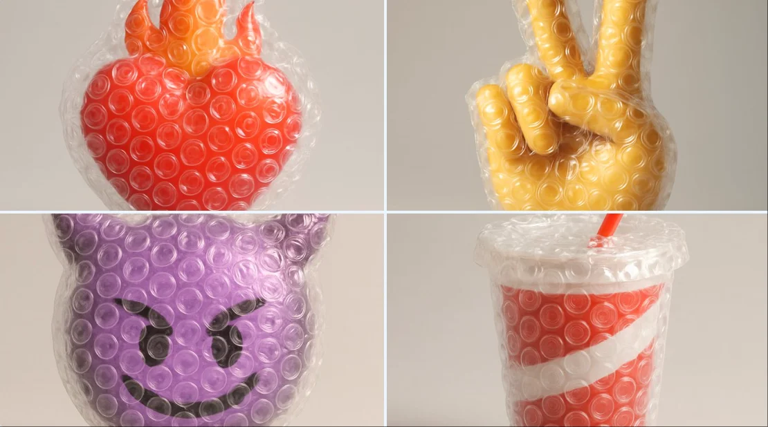 Emoji de corazón envuelto en plástico de burbujas (render 3D)