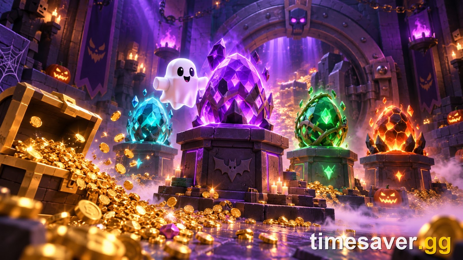 Illustration of rare glowing eggs on pedestals in a spooky Halloween vault with a ghost pet and cascading gold coins, representing secret eggs and the game's economy