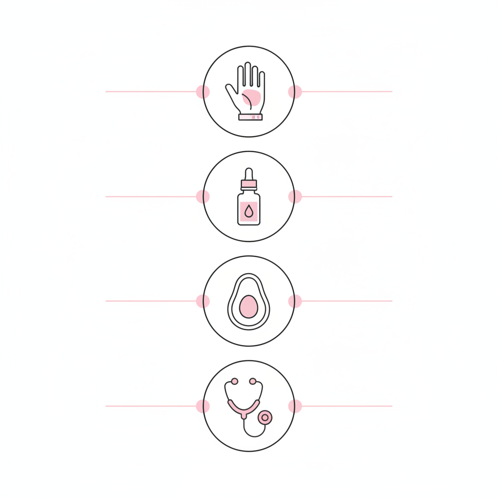 Minimalistische Infografik zum Fingernägel stärken mit fünf Vektor-Icons: Handschuh, Ölflasche, Feile, Lebensmittel und Arzt-Symbol auf weißem Hintergrund