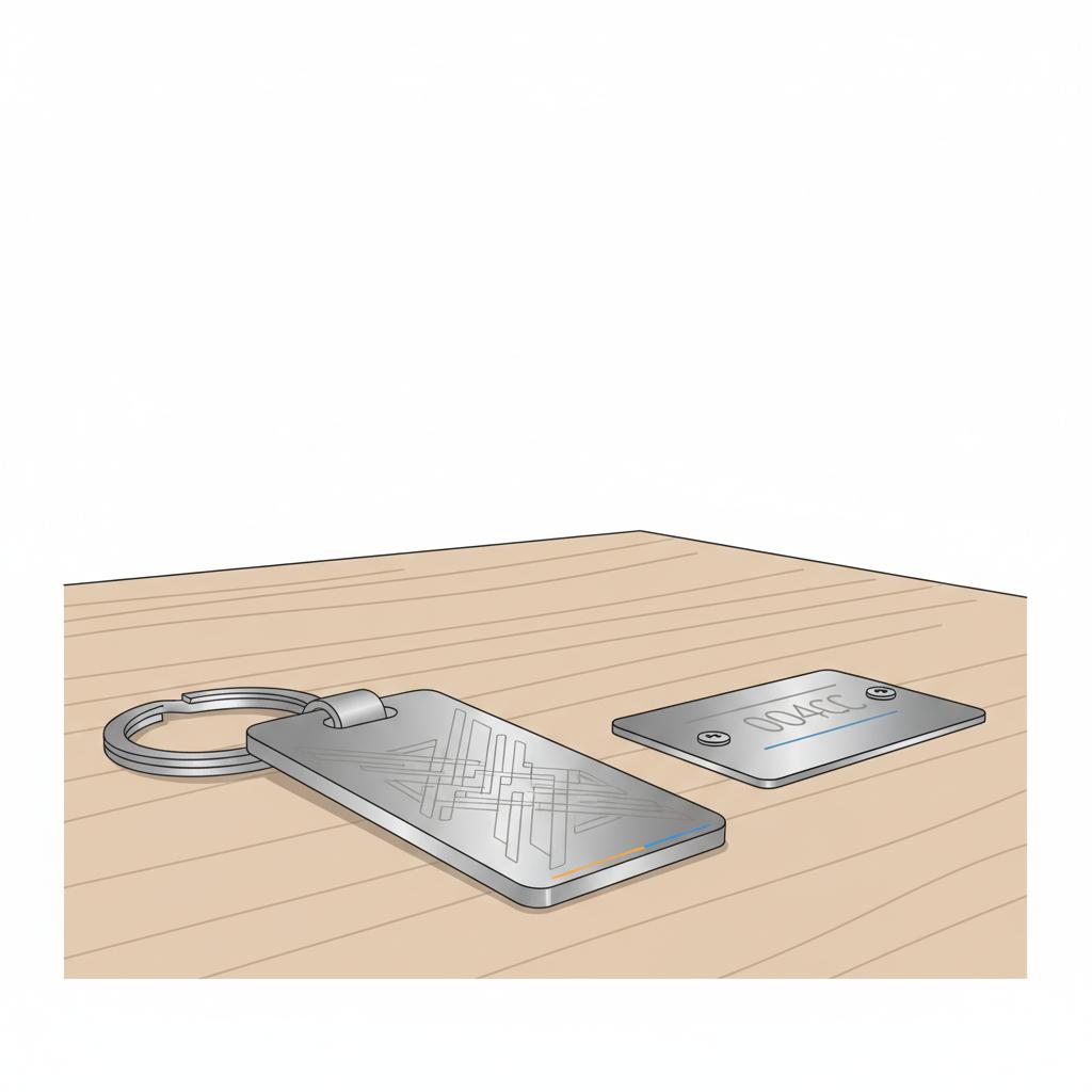Nahaufnahme eines gravierten Schlüsselanhängers und einer Metallplakette auf Holztisch als dezente geschenkideen senioren, minimalistische 2D-Vektorillustration, warme Stimmung