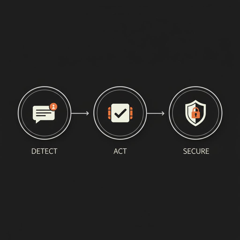 Minimal black-background infographic showing a 3-step flow 'Detect — Act — Secure' with SMS, verification check and shield icons to recover hacked WhatsApp account.