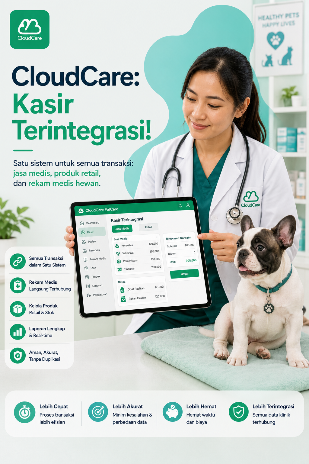 Staf klinik hewan menggunakan sistem kasir terintegrasi