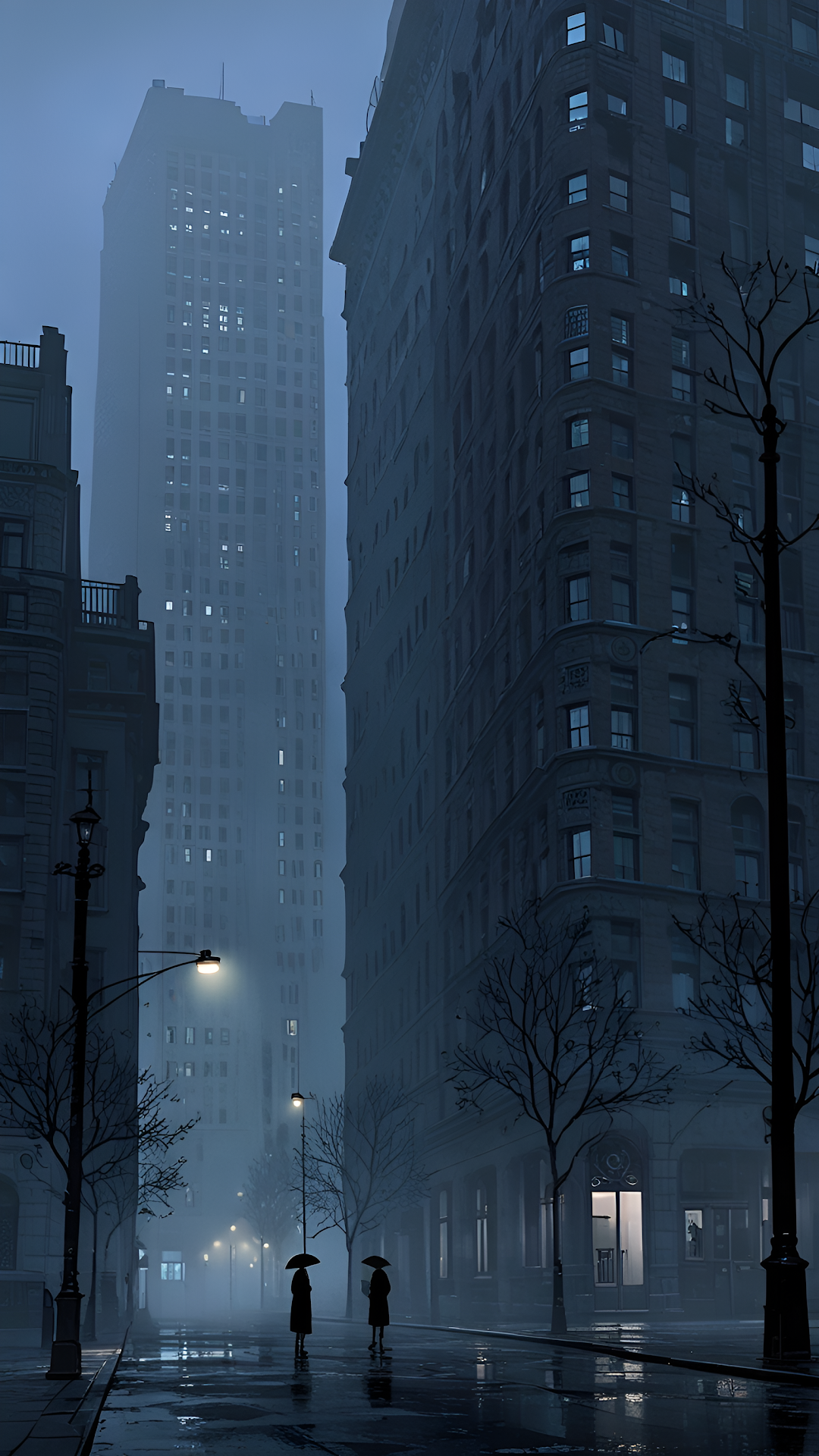 Foggy City Street with Silhouetted Walkers and Streetlamps - Free 4K mobile Wallpaper