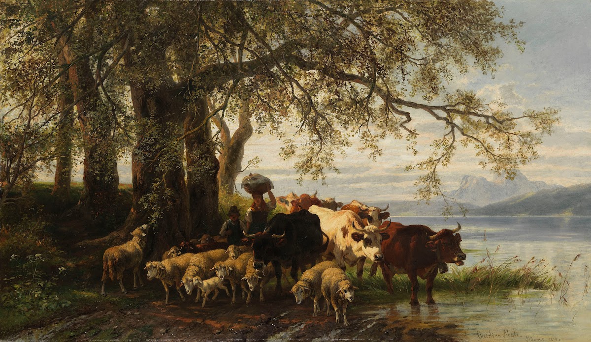 Bäuerin und Hirtenjunge mit Rinder  und Schafherde am Seeufer 1878