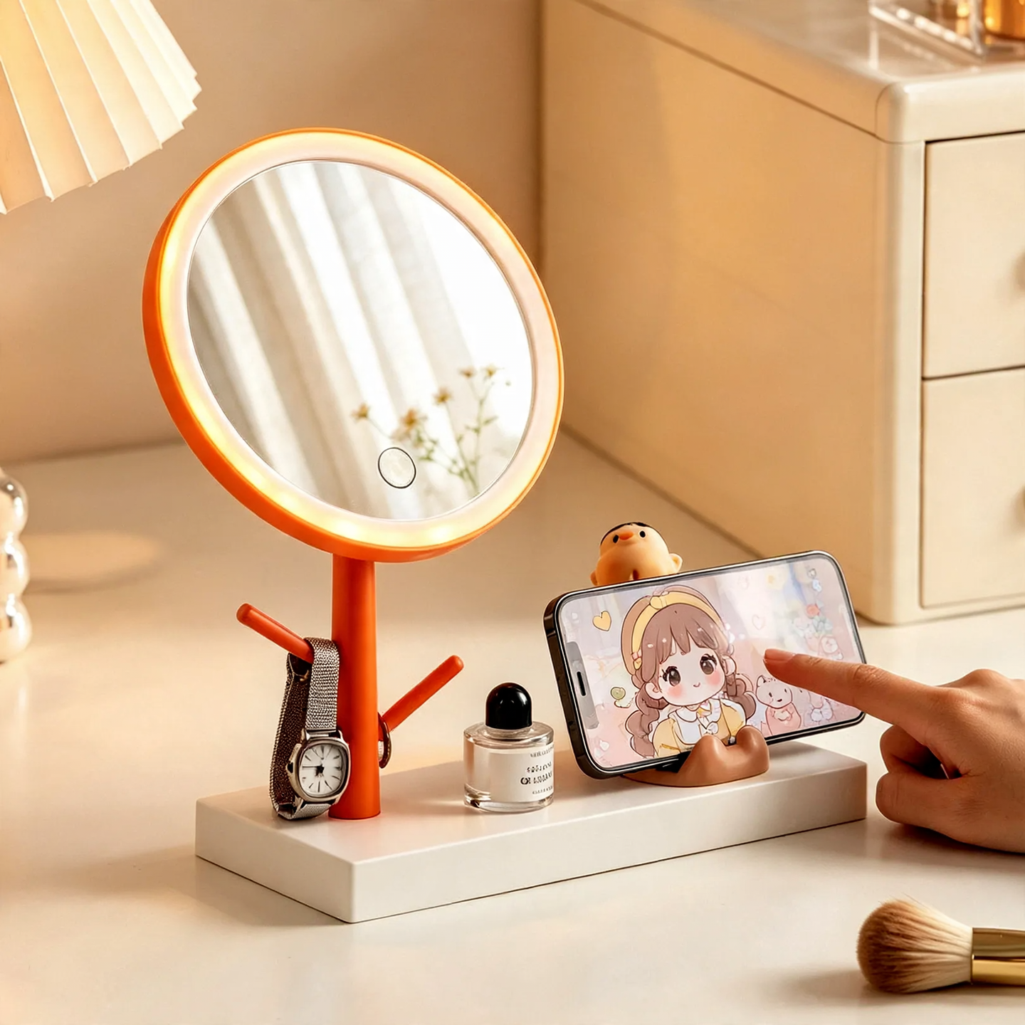 LED Makeup Mirror with Phone Holder and Jewelry Stand