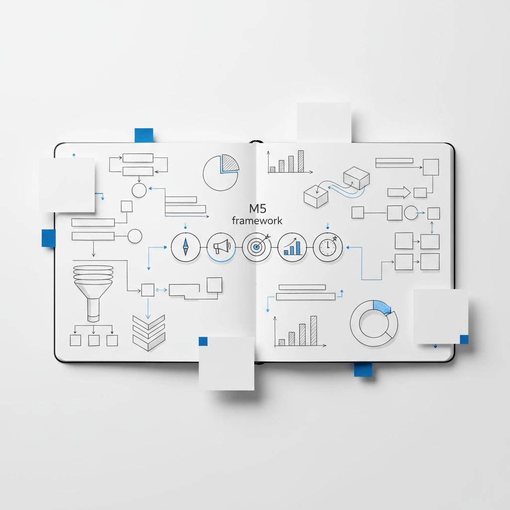 Close-up full-frame notebook spread with sketched customer journey maps and five icon-linked circles for Mission, Message, Market, Metrics, Moments &mdash; M5 strategy branding