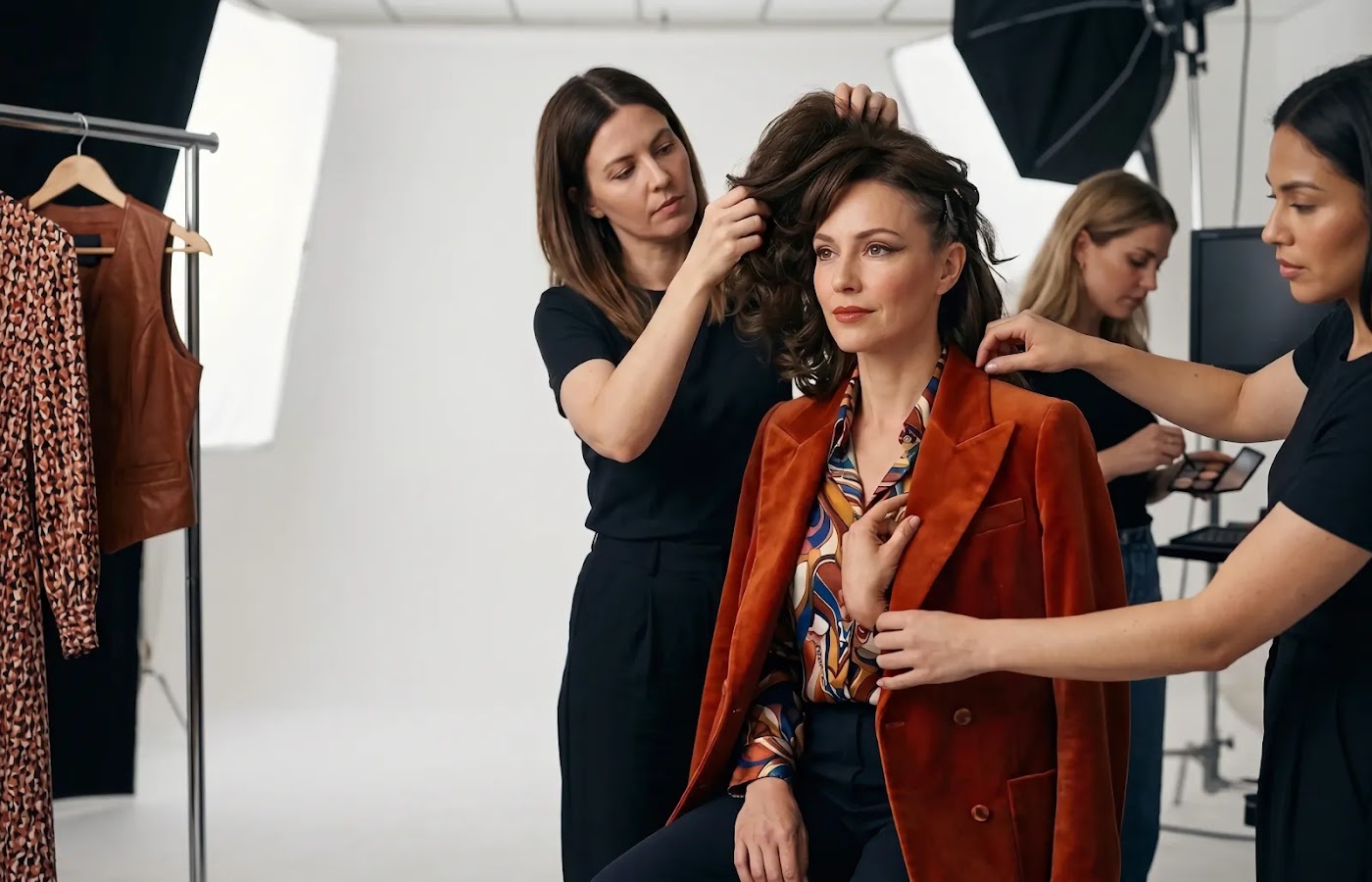 Transición entre looks durante una producción donde maquillaje, peinado, vestuario y dirección visual trabajan juntos.