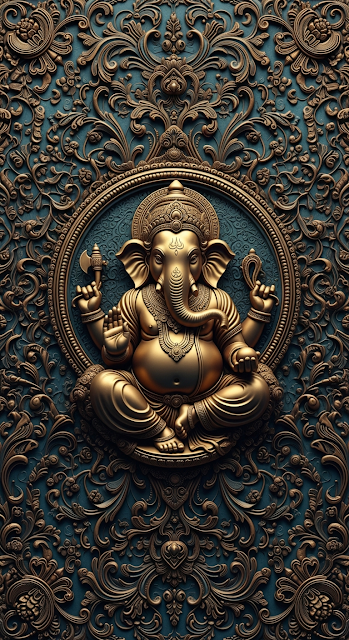 Ornate Golden Ganesha Sculpture in Teal and Gold 3D Relief Background Art - Free mobile Wallpaper