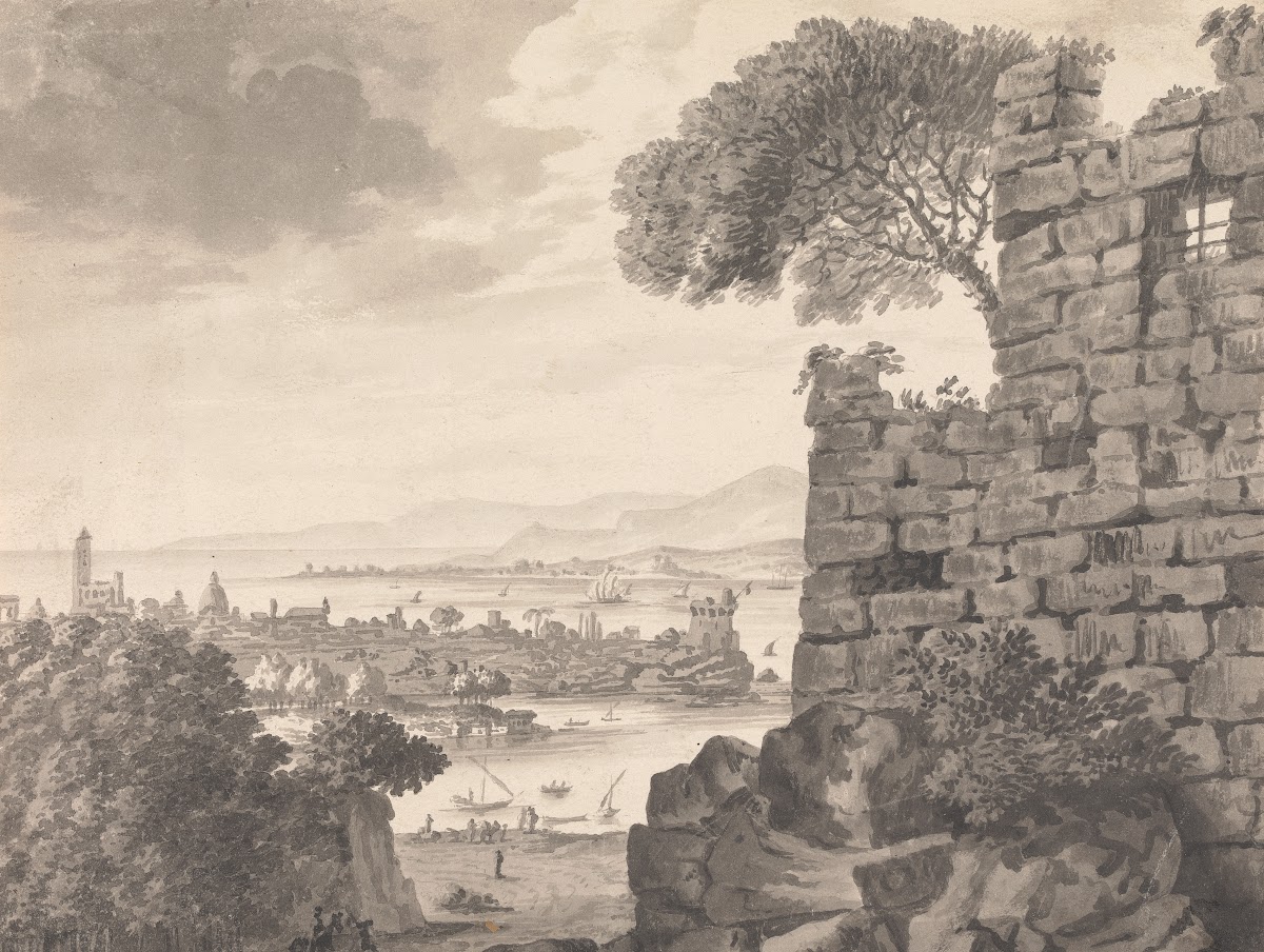 Landscape with Ruins in the Foreground Harbor and Village in Background