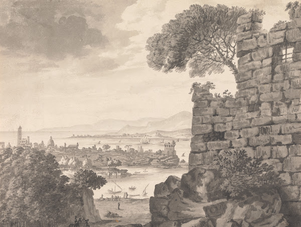 Landscape with Ruins in the Foreground Harbor and Village in Background
