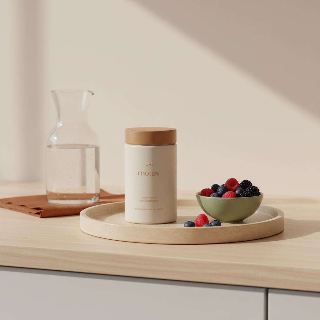 Motus supplement jar beside bowl of fresh berries and carafe on a minimalist kitchen counter, lifestyle morning ritual to lose belly fat in a week