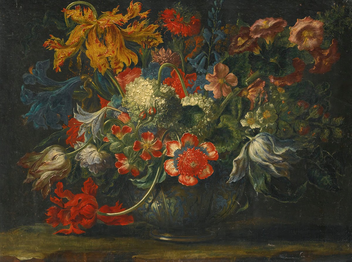 A Still Life Of Flowers In A Blue And White Porcelain Bowl Resting On A Stone Le