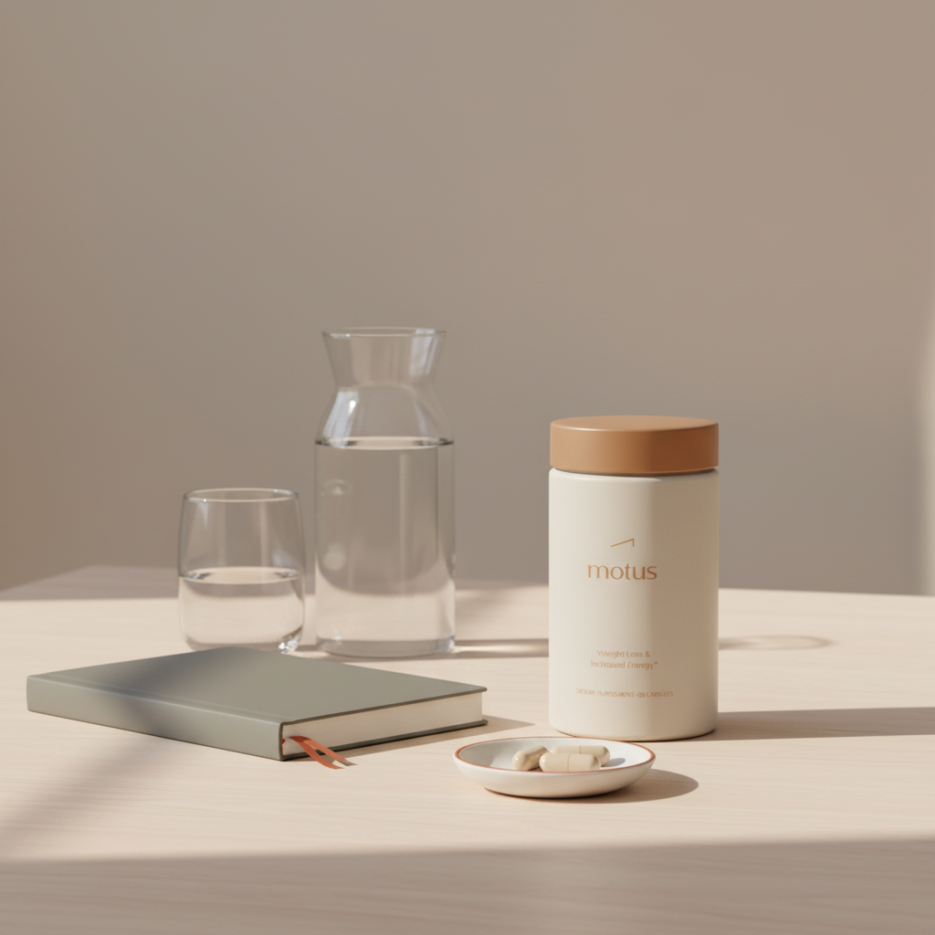 Minimalist full-frame photo of Tonum Motus bottle on a wooden table with a journal, glass carafe and dish of capsules in soft natural light — how much CLA to take for weight loss