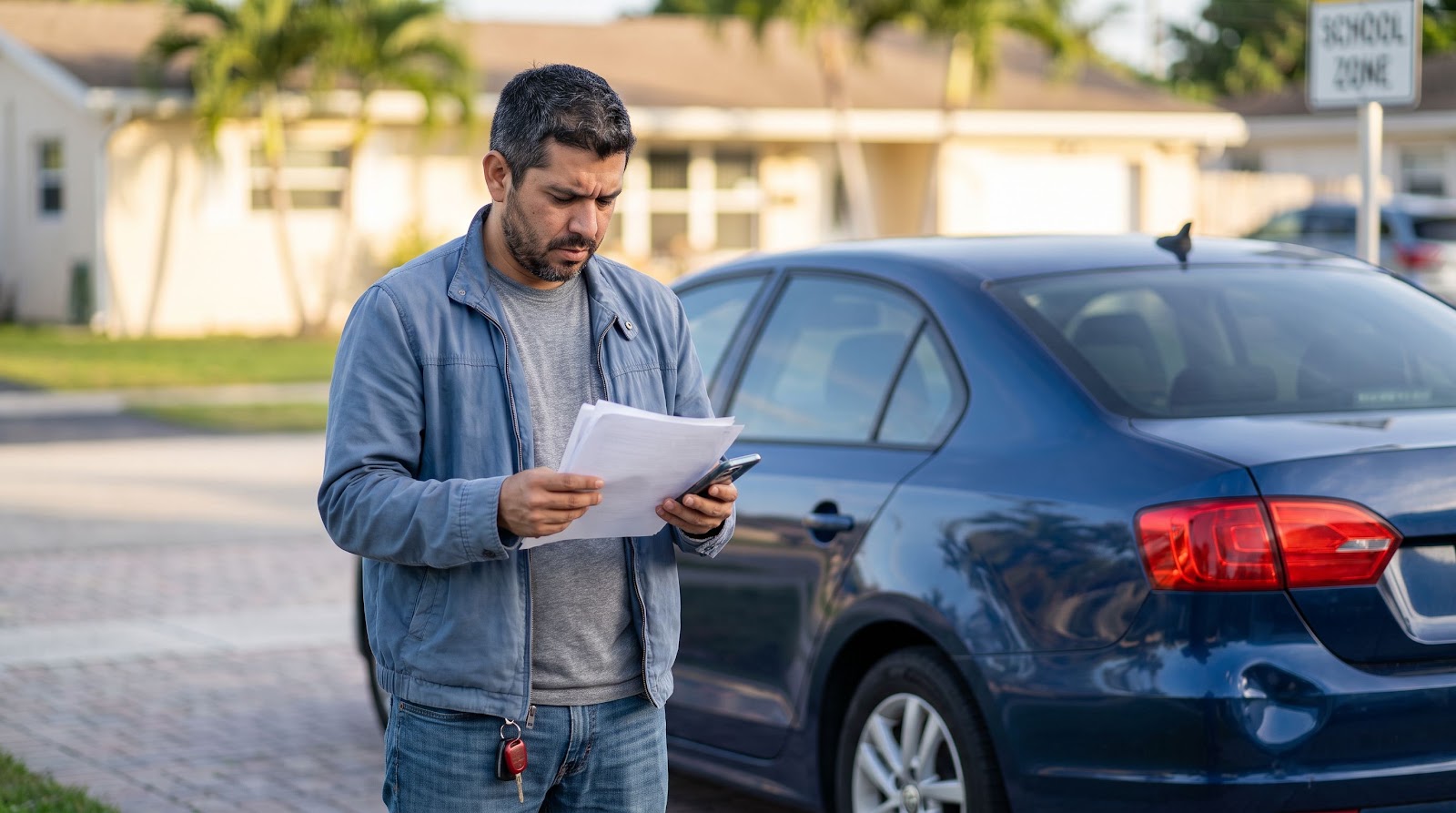 Padre revisando documentos del seguro auto choque por detras escuela florida junto a su carro en la entrada de su casa