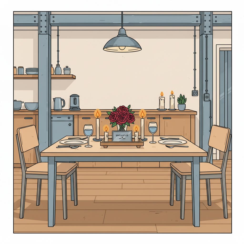 Minimalistische 2D-Vektorillustration eines festlich gedeckten Tisches mit Kerzen und rubinroten Blumen, graviertes Metallstück als rubinhochzeit symbol zentral auf einem Holztablett.