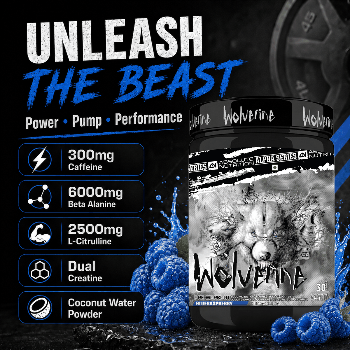 Absolute Nutrition Wolverine Pre workout — Blueraspberry, 450g