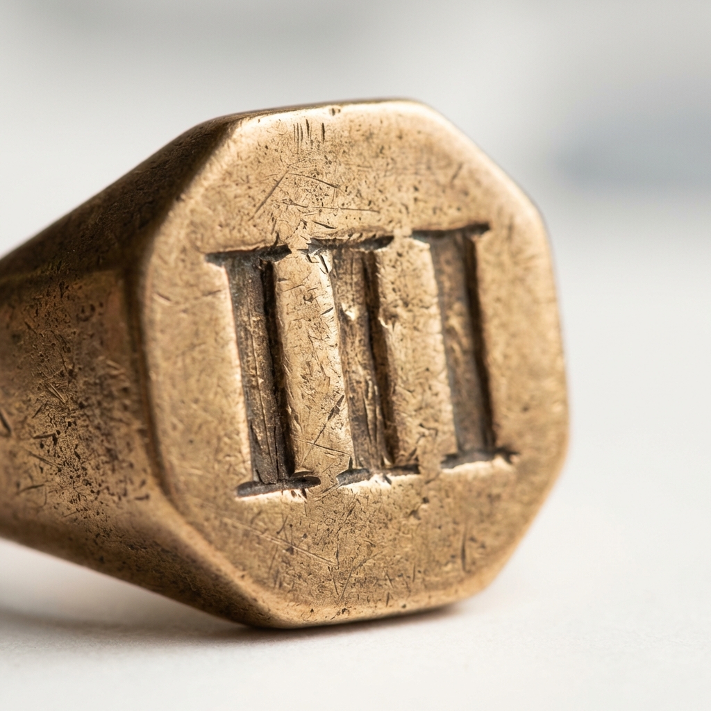 Close up macro of an octagonal bronze ancient signet ring bezel showing tool marks surface wear and an engraved numeral motif on a soft neutral background