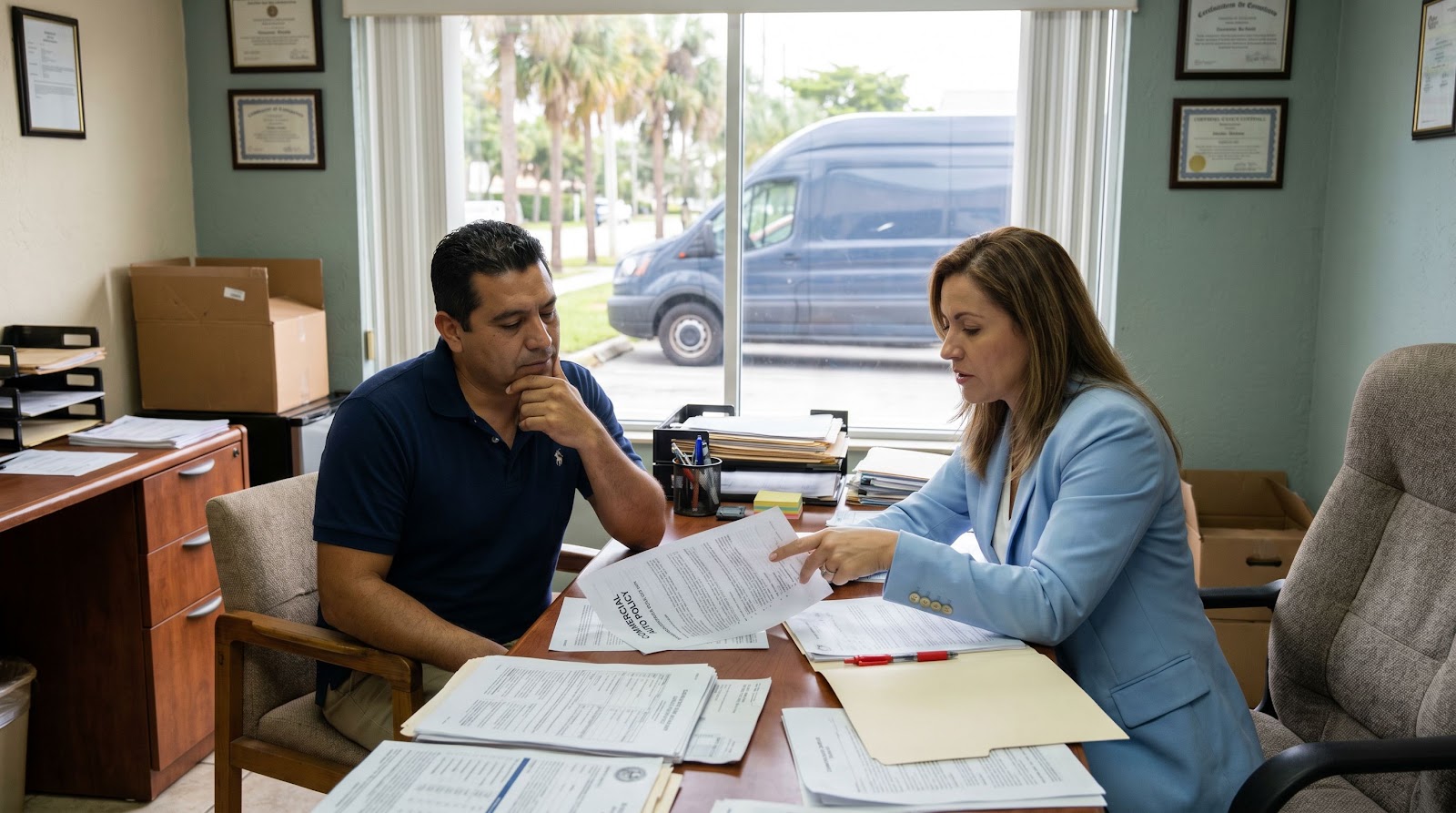 Dueño de negocio revisando seguro auto comercial repartidores florida con una agente en una oficina