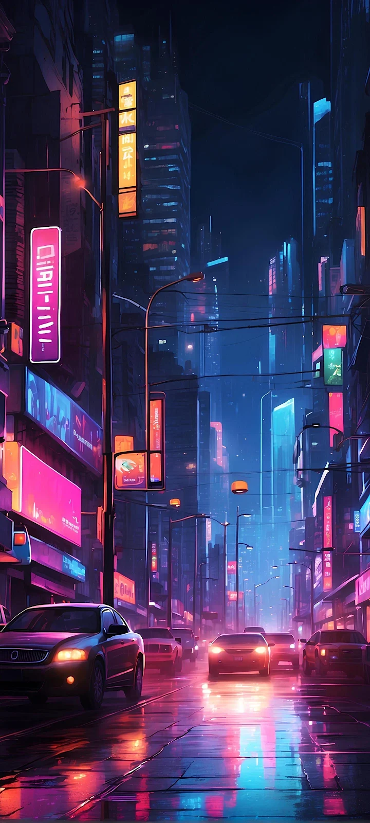 Neon Cyberpunk City Street - Digital Art 2K iPhone Wallpaper (1440x3200)