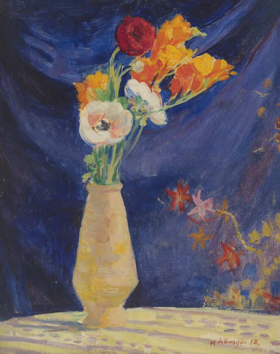 Vase Danémones Sur Fond Bleu 1912