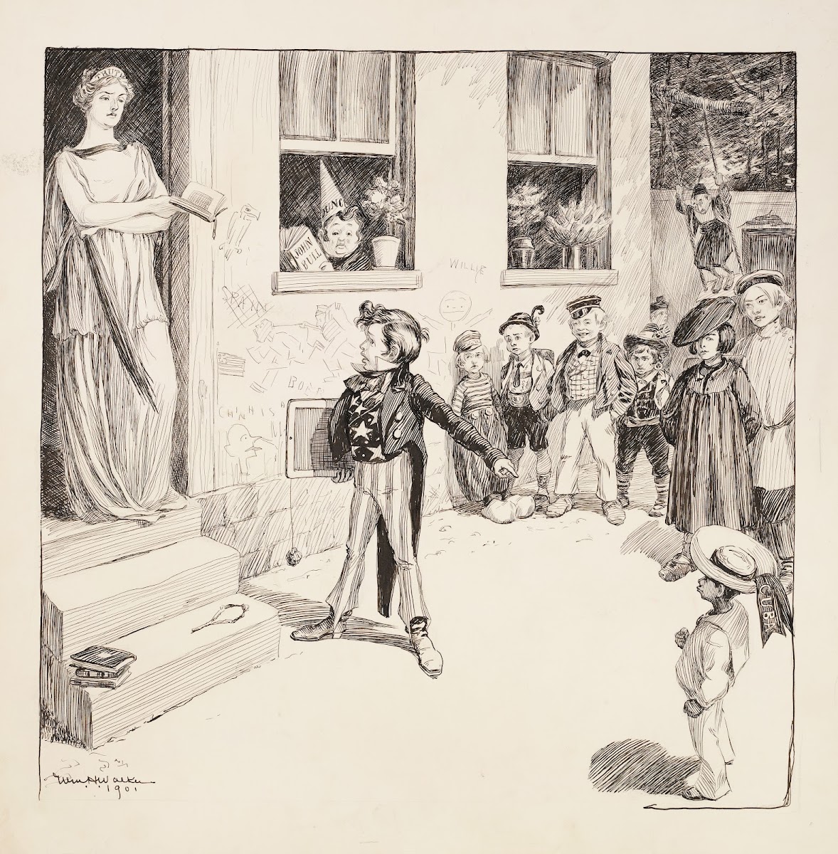 A school at recess with each of the children representing a country 1901