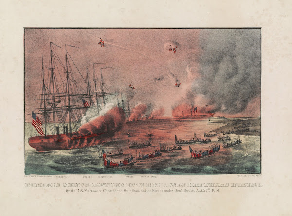 Bombardment  capture of the Forts at Hatteras Inlet NC by the US Fleet under Com