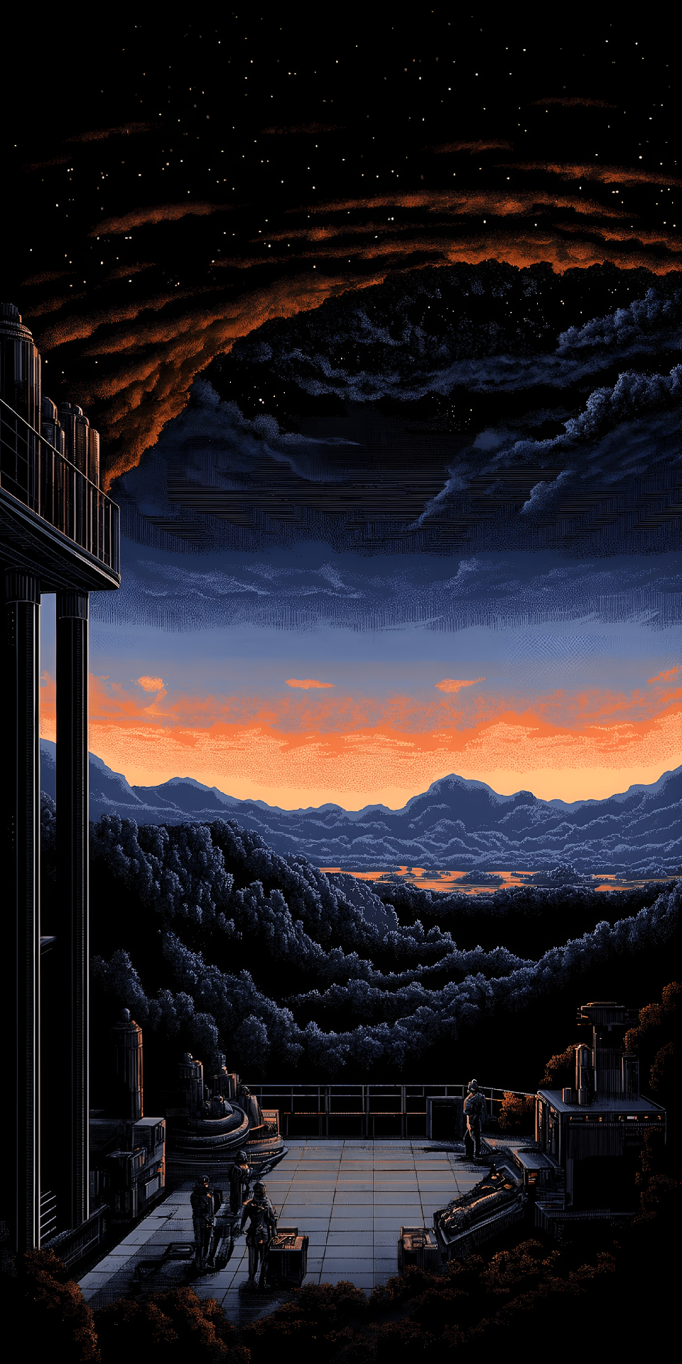 Retro Pixel Art Sunset Over Dark Mountain Valley View - Free 4K mobile Wallpaper