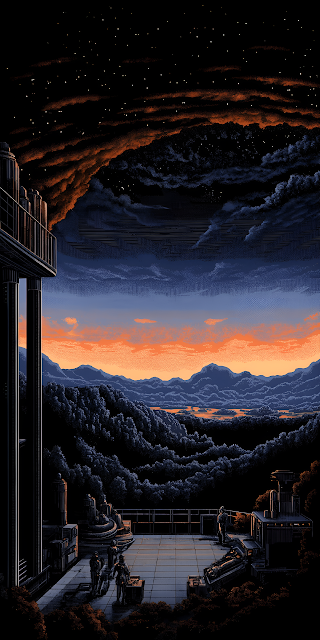 Retro Pixel Art Sunset Over Dark Mountain Valley View - Free mobile Wallpaper