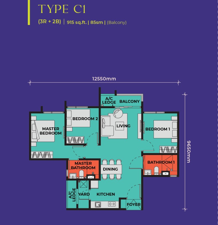 The Vividz Type C1 floor plan — 771 sq ft, 2 bedrooms