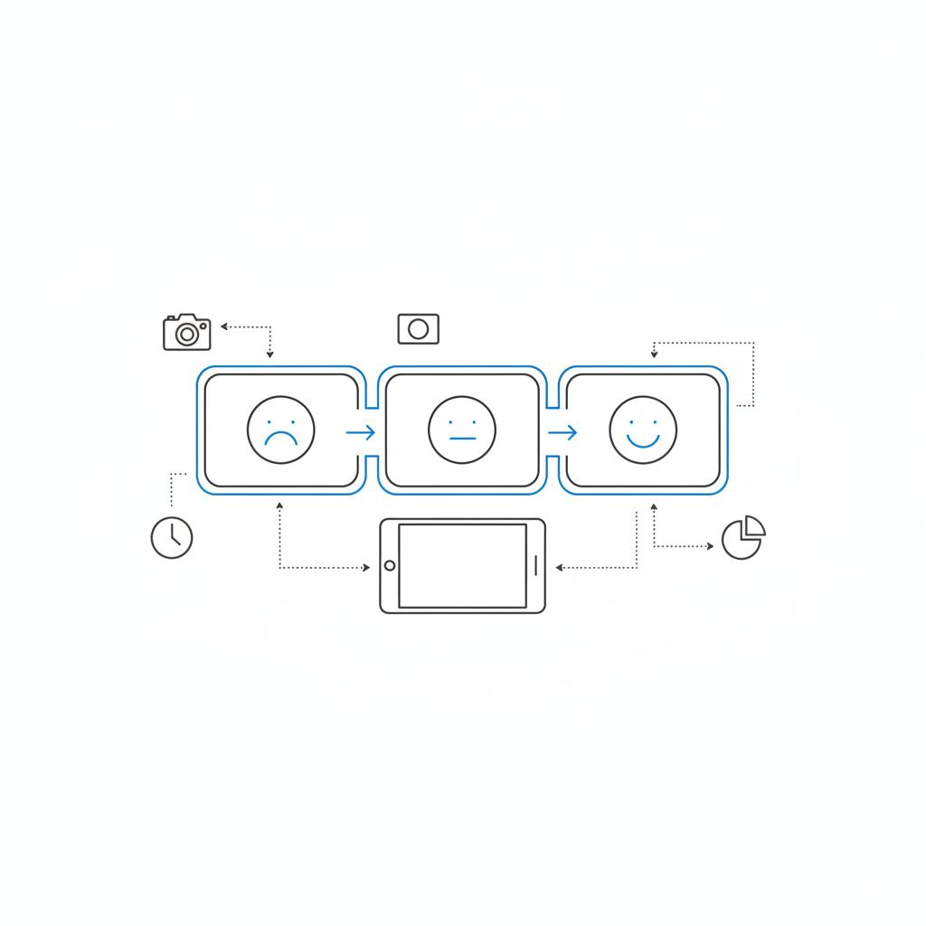 Minimal 2D vector flat-lay of three-shot storyboard with arrow progression and emoticons from sad to smile, central generic product sketch, clean Agency Visible palette, rule of three